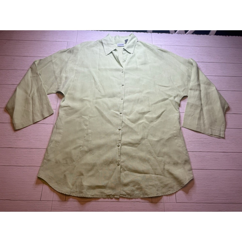 Chicos 100% Linen Lime Green Sz 3 Women's Button‎ Down 3/4 Length Sleeve Shirt.